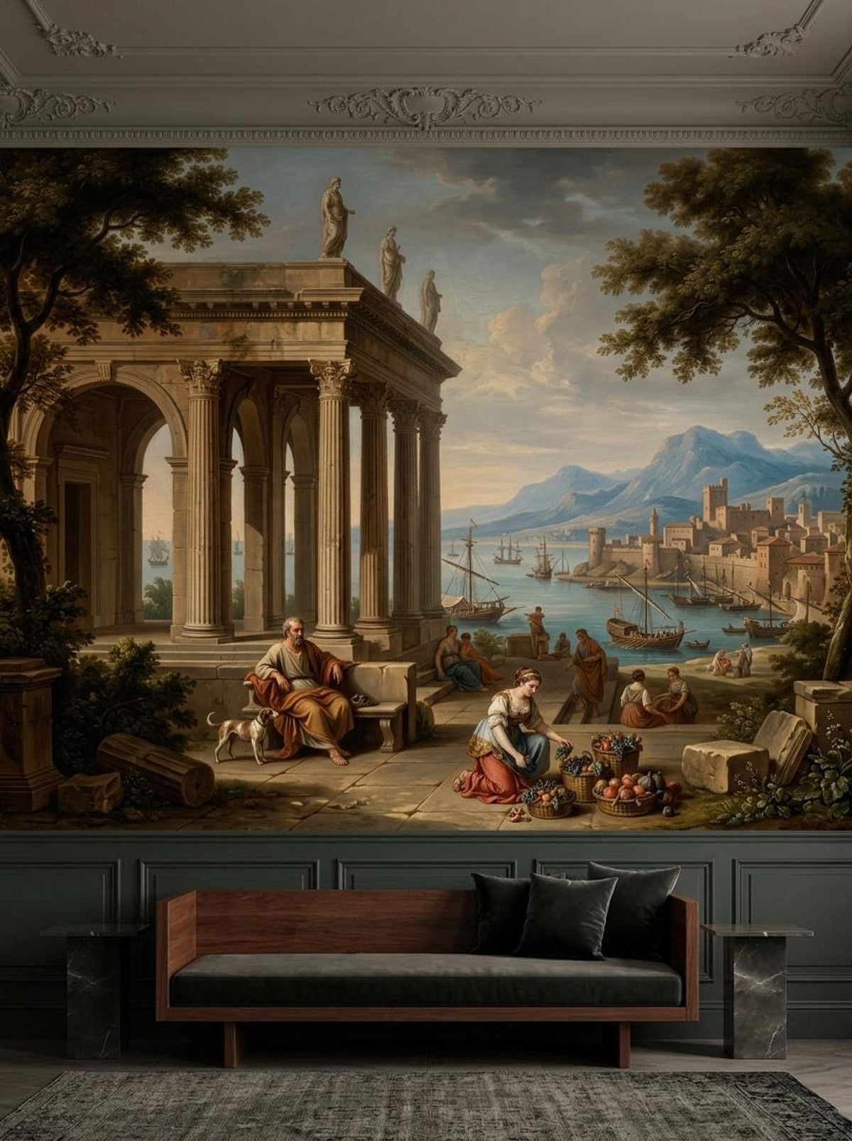 A large neoclassical wall mural covers the wall, featuring Greek columns, a coastal harbor scene with ships, and figures in historical attire above a dark wainscoting and a modern sofa.