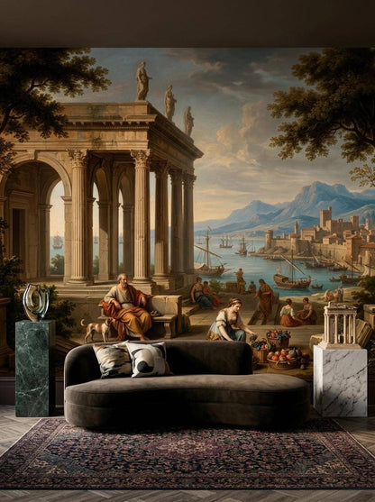A neoclassical Greek harbor wall mural is displayed behind a dark velvet curved sofa, flanked by marble display pedestals and a patterned rug.