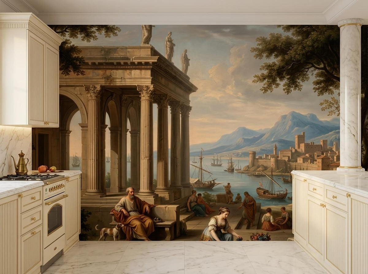 A neoclassical wall mural depicting a Greek coastal harbor scene is installed between white kitchen cabinetry and a marble-topped counter.