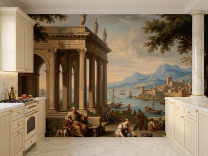 A neoclassical wall mural depicting a Greek coastal harbor scene is installed between white kitchen cabinetry and a marble-topped counter.