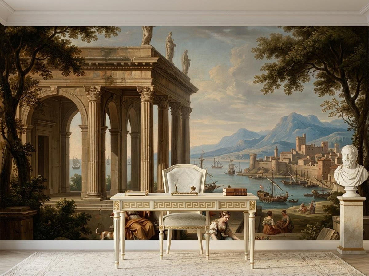 A neoclassical landscape wall mural featuring ancient Greek architecture and a harbor is displayed behind a light-colored desk and chair, with a bust on a pedestal to the right.