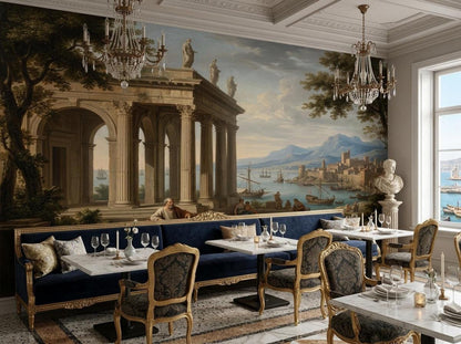 A large neoclassical harbor mural is mounted behind a blue tufted banquette and dining tables, accented by crystal chandeliers and a marble bust.