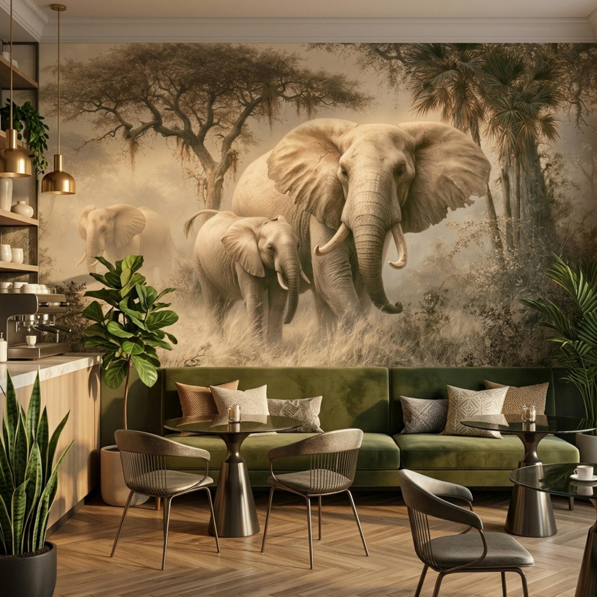 A restaurant features a wall mural of elephants in a savanna, green velvet booths, and round tables.