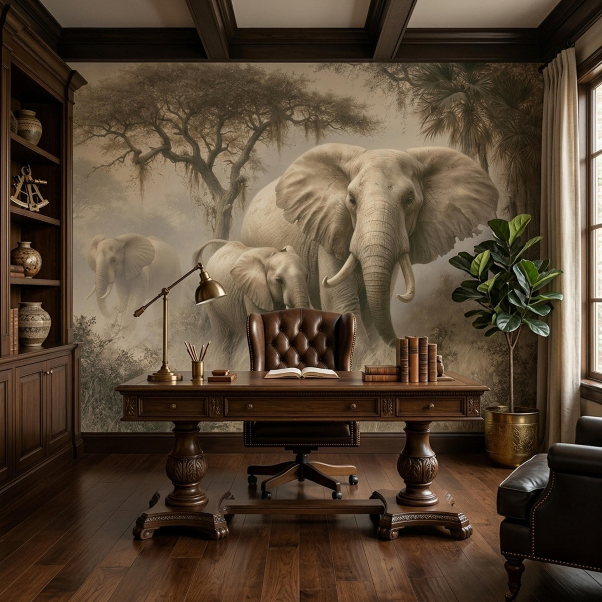 A home office features a dark wood desk, a leather executive chair, and an elephant savanna wallpaper mural on the back wall.