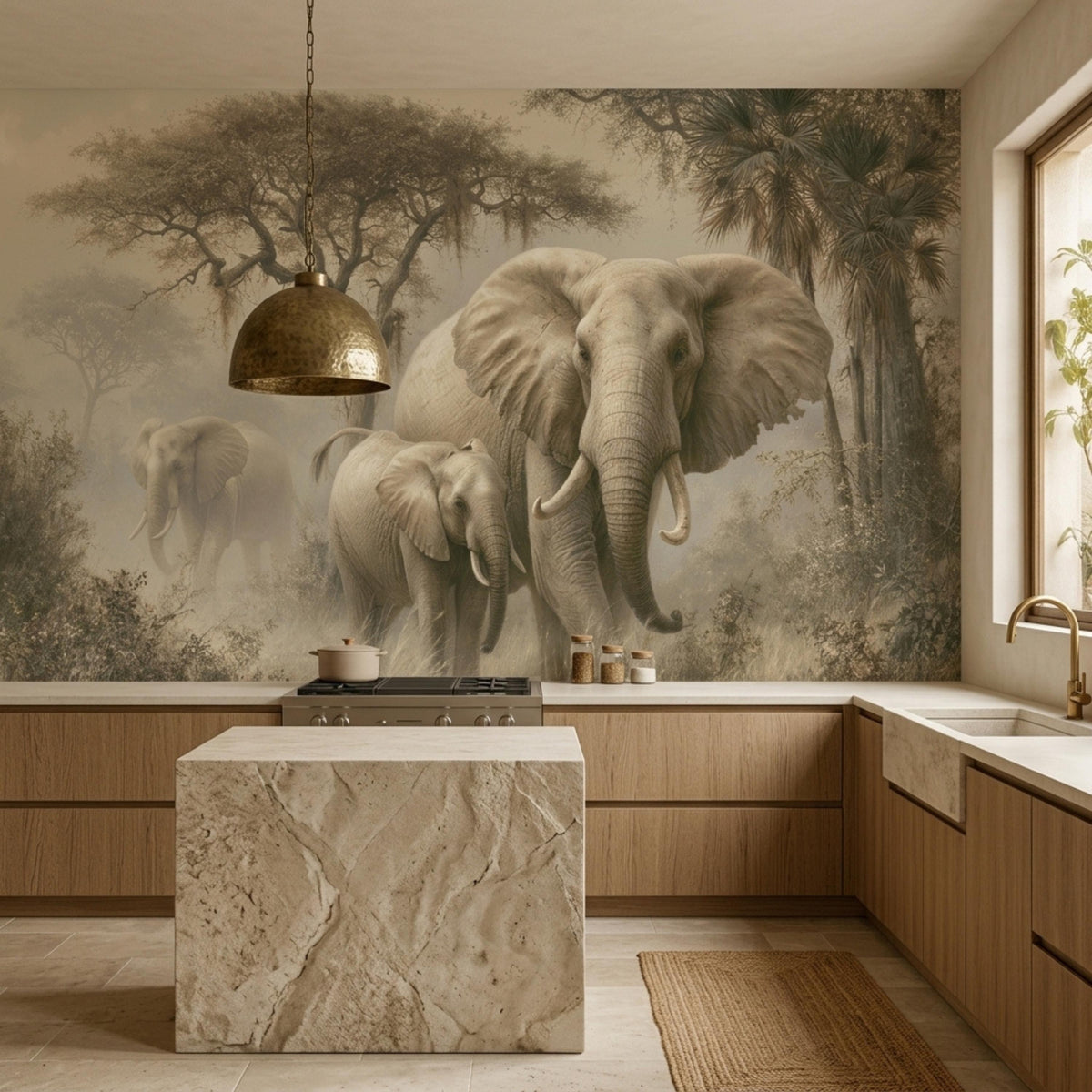 A modern kitchen features light wood cabinets, a stone island, and an elephant savanna wallpaper mural on the back wall.