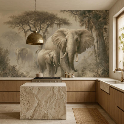 A modern kitchen features light wood cabinets, a stone island, and an elephant savanna wallpaper mural on the back wall.