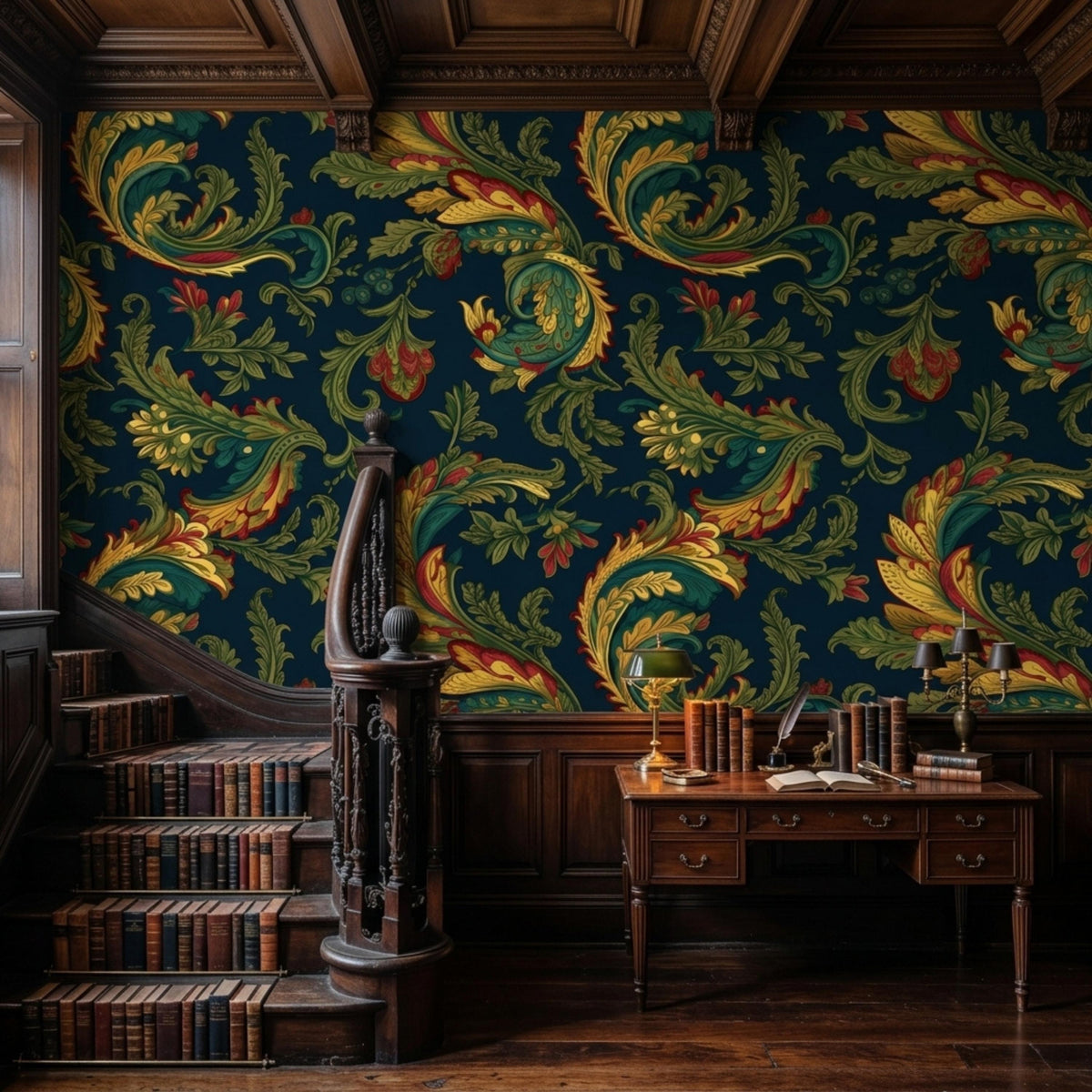 A vintage hallway features dark acanthus wallpaper, a wooden staircase lined with old books on every step, and a wooden desk against the wall.
