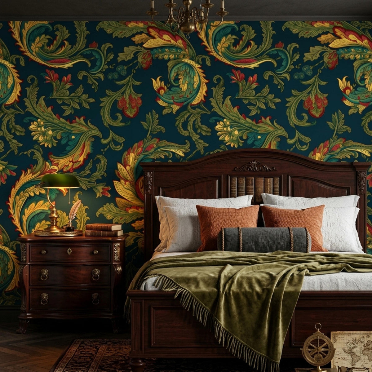 A bedroom features dark teal baroque acanthus wallpaper, a dark wooden bed with an olive green throw blanket, and a matching nightstand with a green lamp.