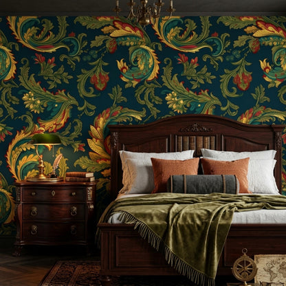 A bedroom features dark teal baroque acanthus wallpaper, a dark wooden bed with an olive green throw blanket, and a matching nightstand with a green lamp.