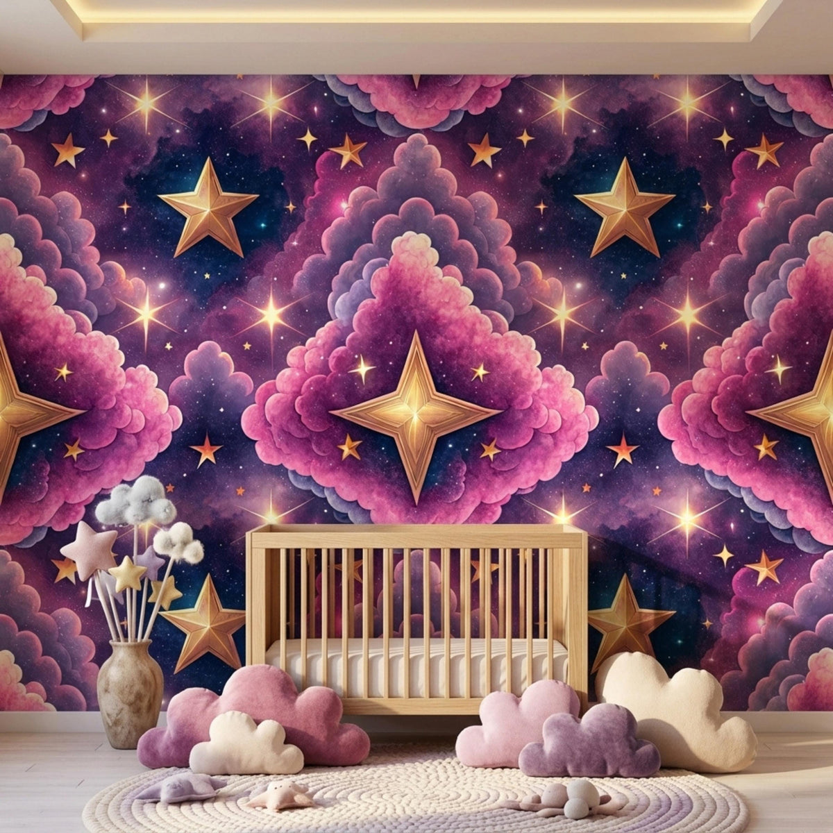 A simple wooden crib is placed in a room with starry galaxy wallpaper, a round rug, and plush cloud pillows on the floor.