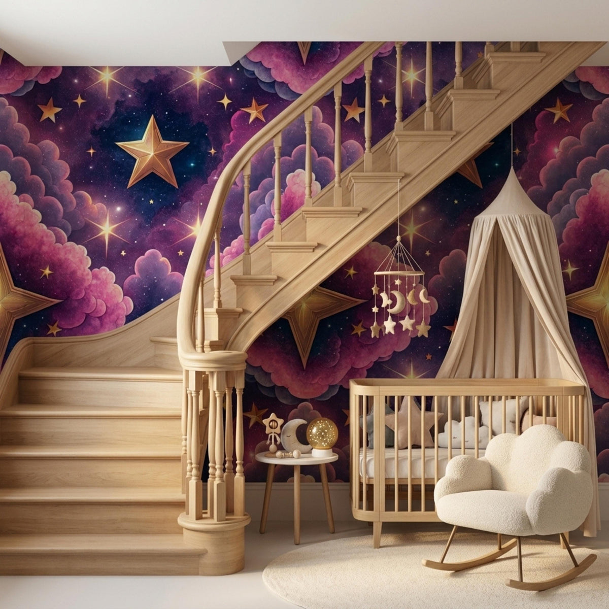 A wooden staircase curves up next to a crib and rocking chair in a nursery decorated with cosmic pink cloud and star wallpaper.