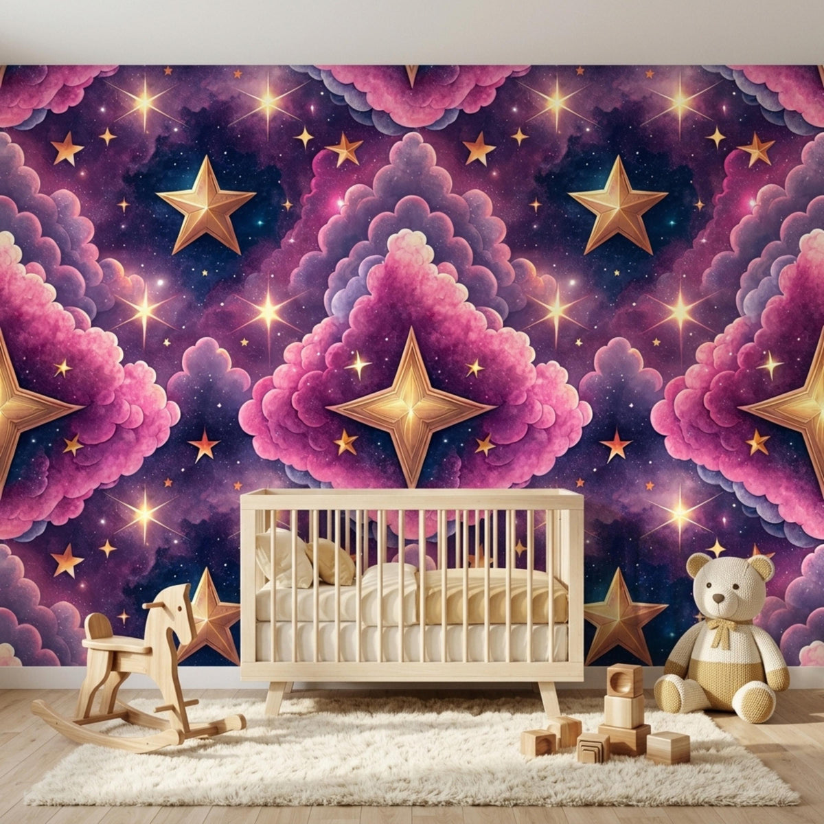 A minimalist wooden crib is positioned against a magical galaxy wallpaper mural featuring pink clouds and prominent gold stars.