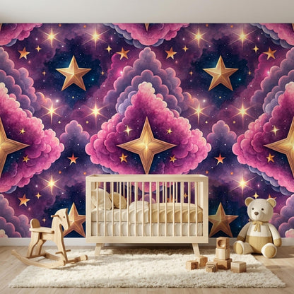 A minimalist wooden crib is positioned against a magical galaxy wallpaper mural featuring pink clouds and prominent gold stars.
