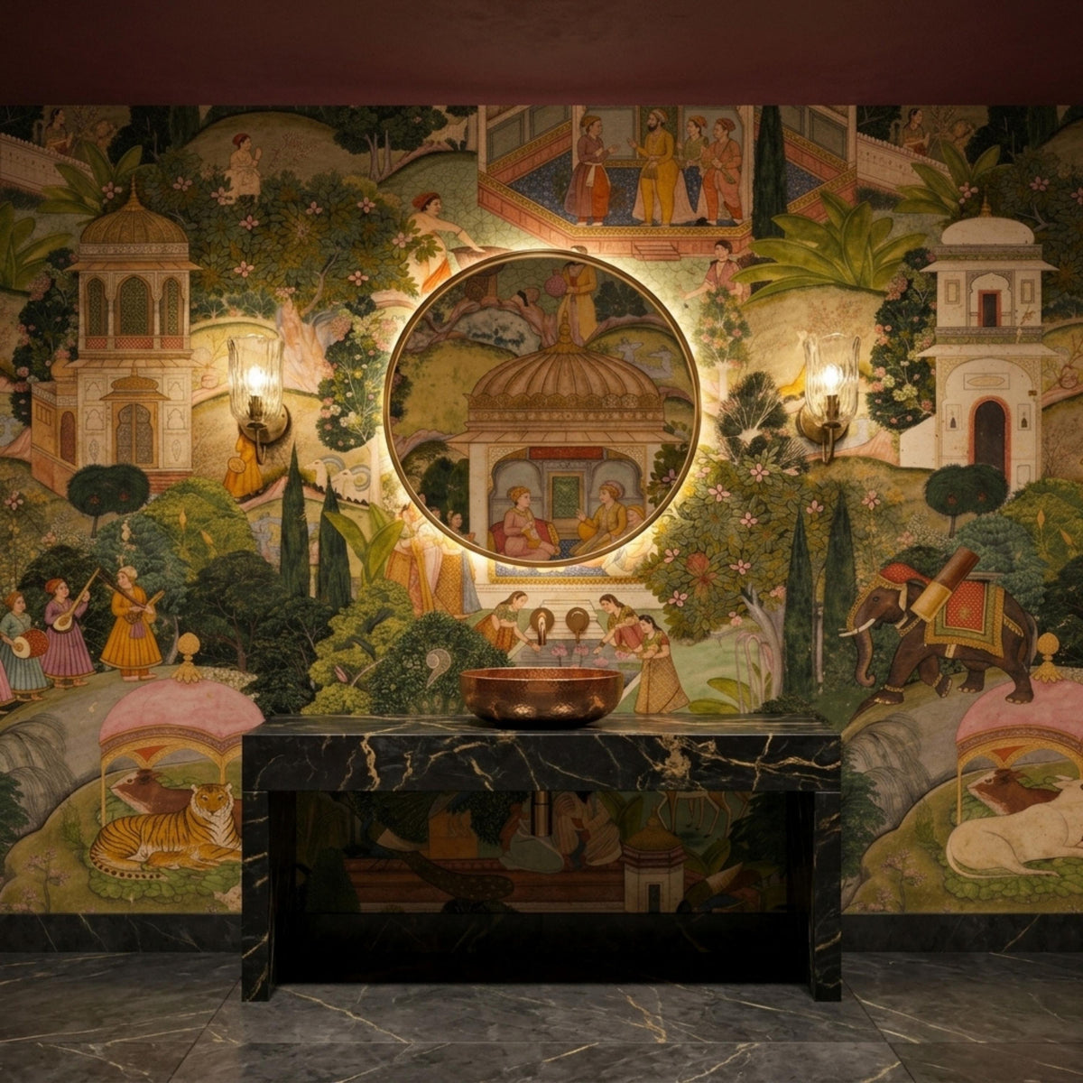 A round illuminated mirror hangs on a Mughal miniature art wallpaper wall above a dark marble console table and copper bowl.