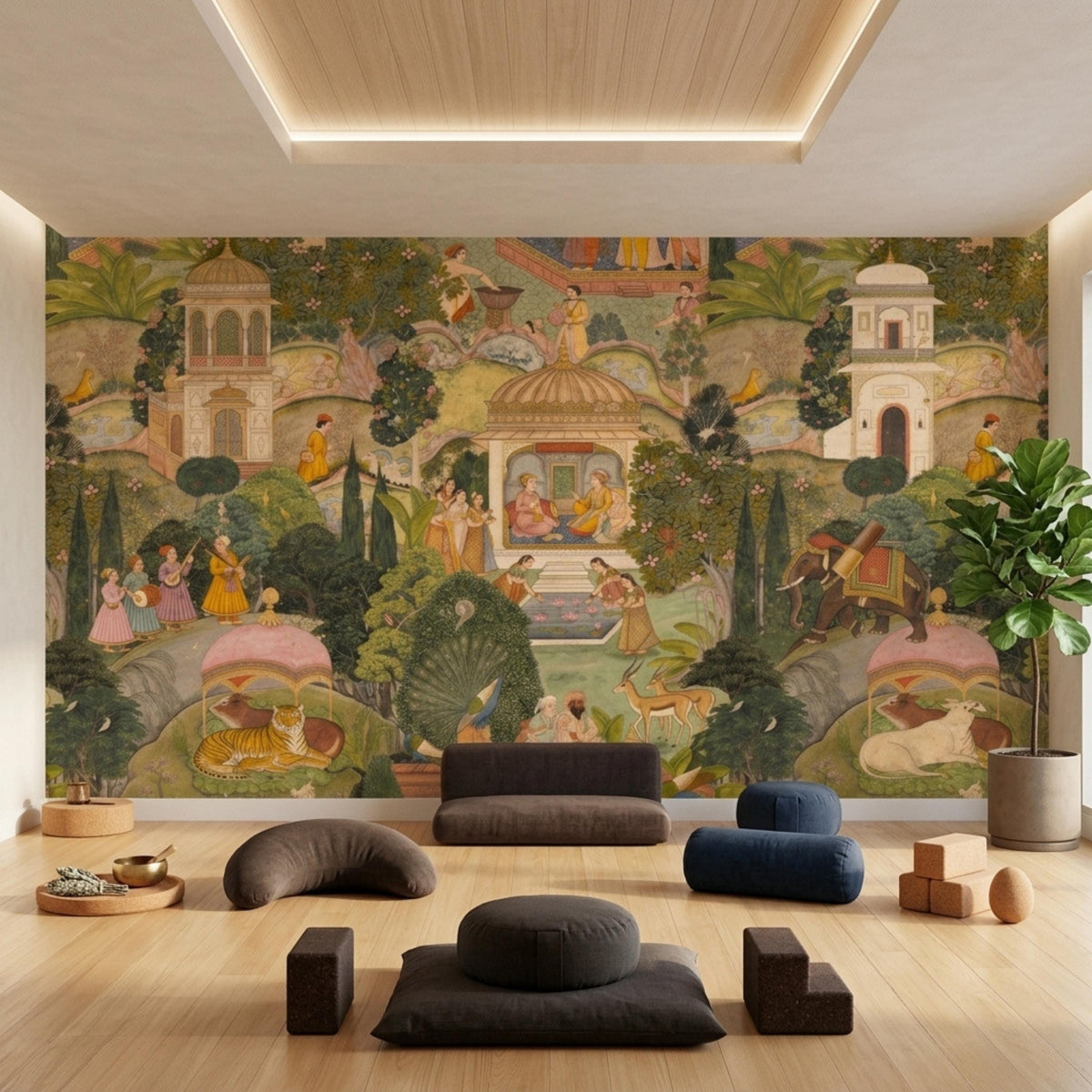 A spacious yoga and meditation room features a Mughal miniature wall mural, a brown sofa, floor cushions, and a potted plant.