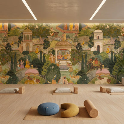 A minimalist fitness space includes a Mughal miniature art wallpaper accent wall, yoga mats, and block props on a wooden floor.