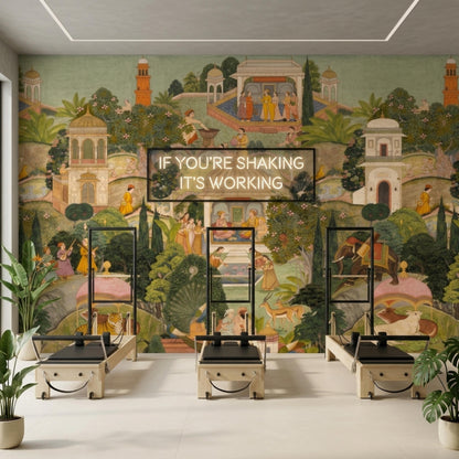 A Pilates reformer studio is set against a detailed Mughal miniature art wallpaper mural and a glowing inspirational neon sign.