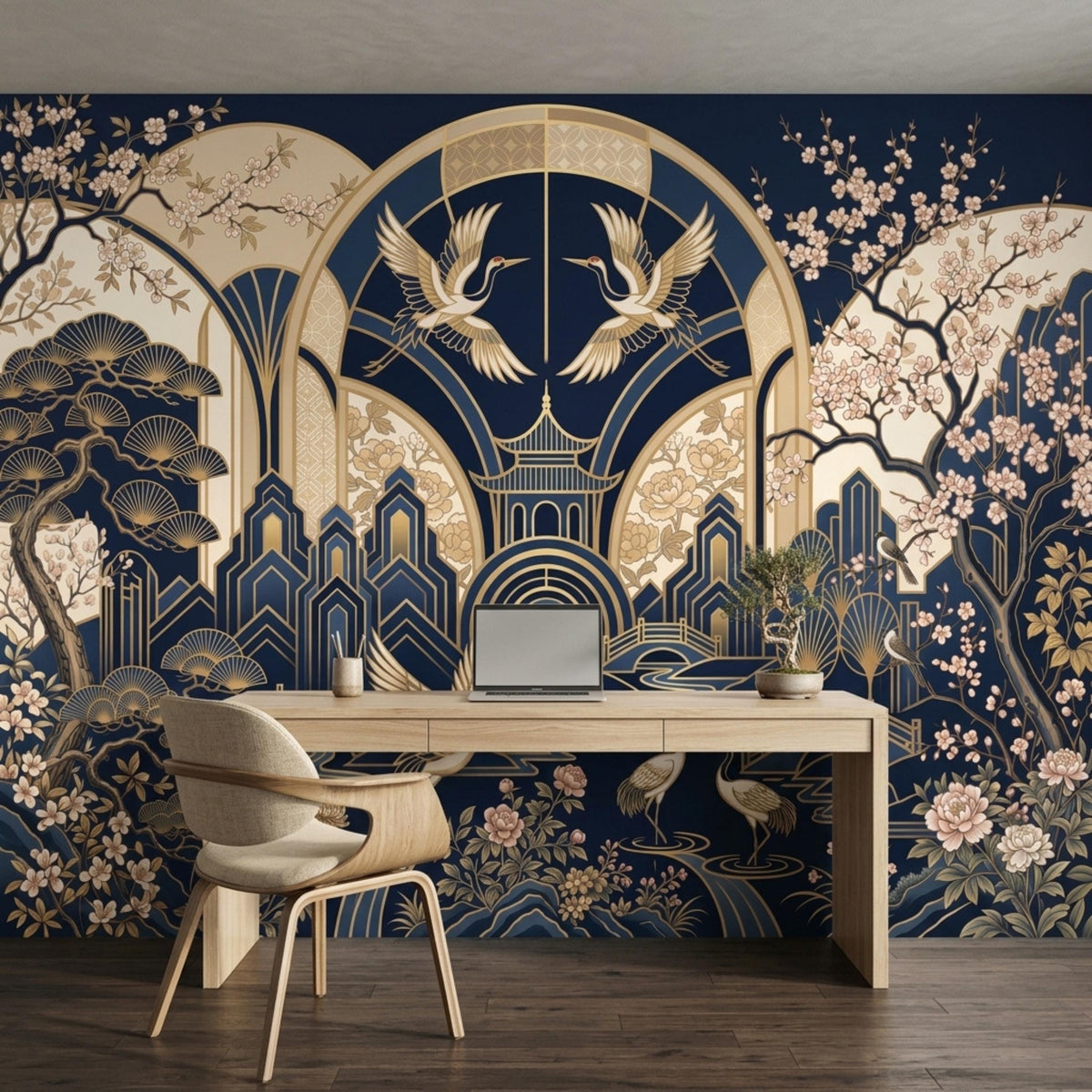 A wooden desk with a laptop stands against a navy and gold Chinoiserie wallpaper mural.