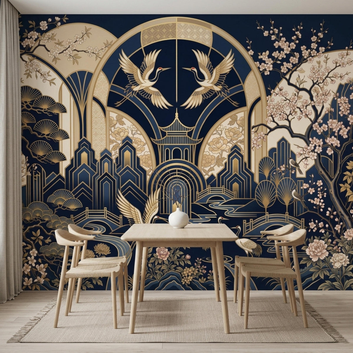 A minimalist wooden dining table and chairs sit against a navy and gold Art Deco wallpaper mural.