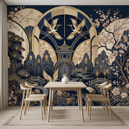 A minimalist wooden dining table and chairs sit against a navy and gold Art Deco wallpaper mural.