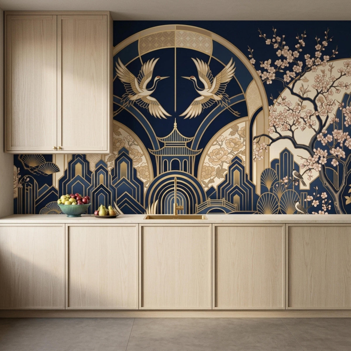 A kitchen with light wood cabinets features a navy and gold crane wallpaper as a backsplash.