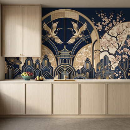 A kitchen with light wood cabinets features a navy and gold crane wallpaper as a backsplash.
