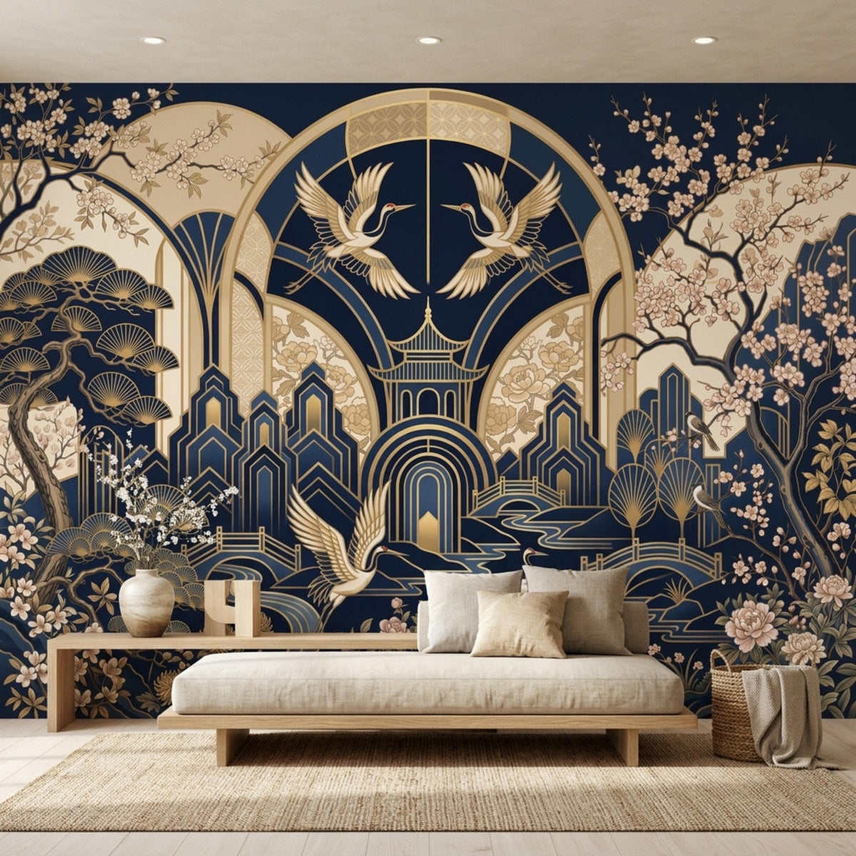 A low-profile daybed rests against a navy and gold Art Deco crane and pagoda wallpaper mural.