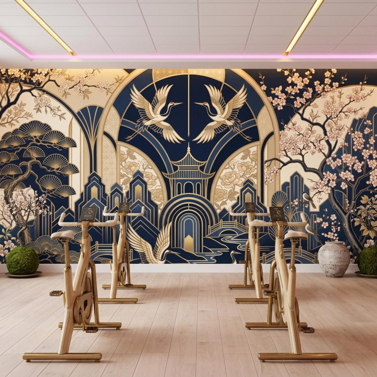 Stationary exercise bikes facing a large wall mural featuring a Japanese Art Deco navy blue and gold design with cranes and pagodas.
