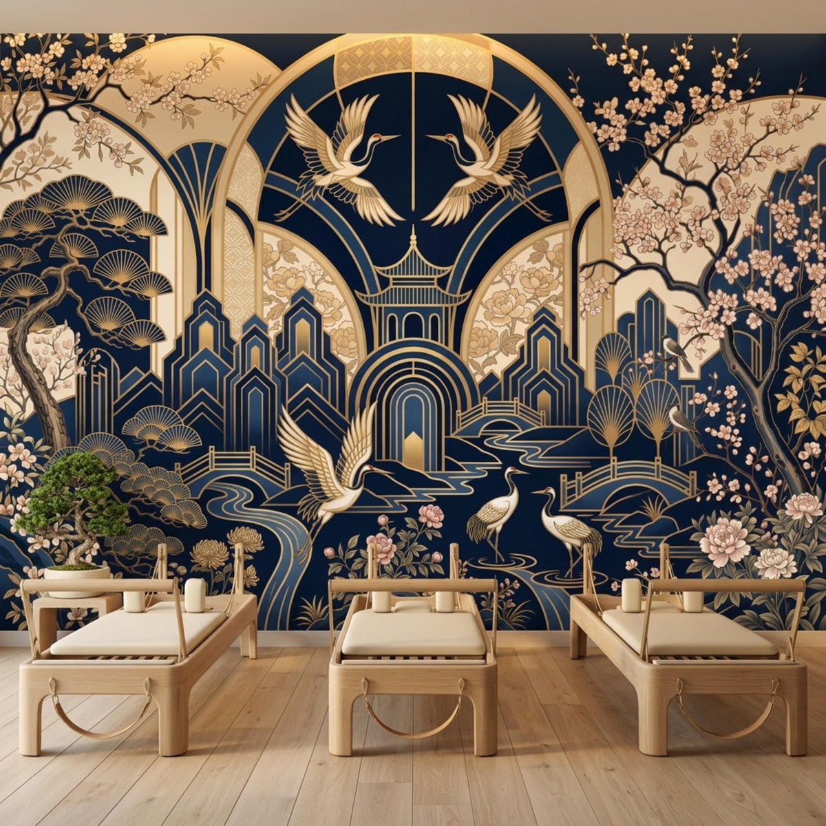 Low wooden fitness benches in front of a navy blue and gold Japanese Art Deco wallpaper mural with cranes, cherry blossoms, and a pagoda.
