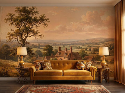 An antique landscape wall mural forms the backdrop for a mustard yellow sofa flanked by side tables and lamps.