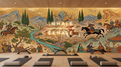 A yoga studio has several rolled mats on a wooden floor in front of a wide Persian miniature hunting scene mural with superimposed text reading Inhale Exhale.