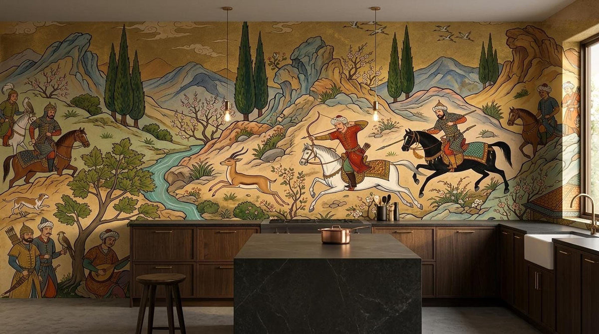 A modern kitchen with dark wood cabinetry and a large island features a Persian miniature hunting scene mural on the main wall.