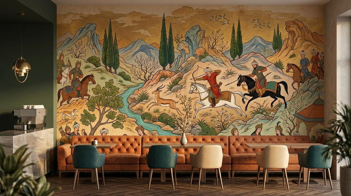 A restaurant setting showcases an orange banquette seating arrangement positioned beneath a Persian miniature wall mural depicting hunters and landscapes.