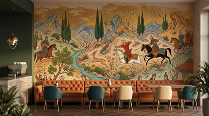 A restaurant setting showcases an orange banquette seating arrangement positioned beneath a Persian miniature wall mural depicting hunters and landscapes.