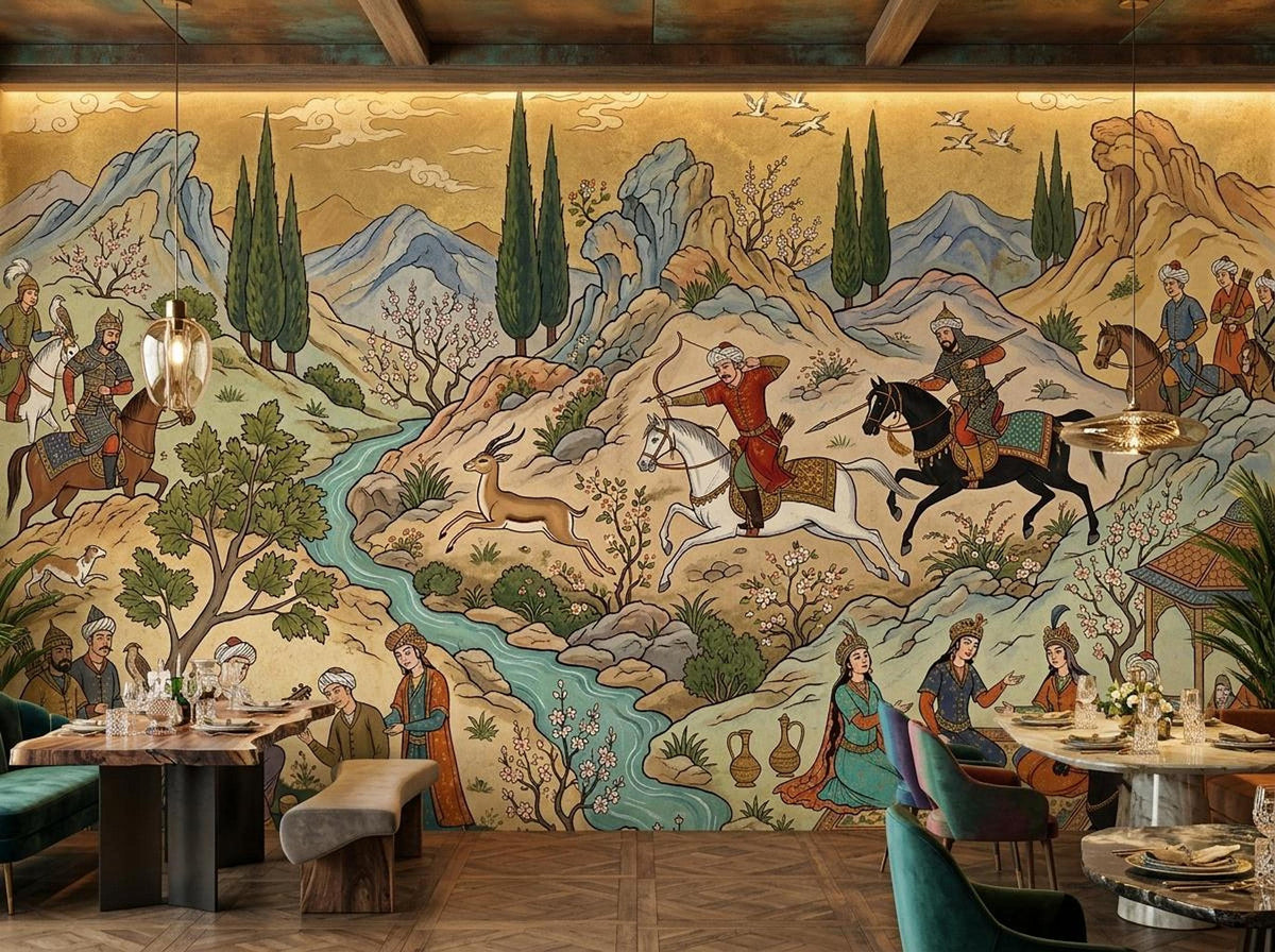 A dining space shows dark wooden tables and benches against the backdrop of a detailed Persian miniature wall mural with mountainous landscape and hunting figures.