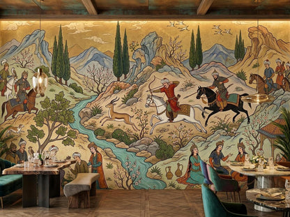 A dining space shows dark wooden tables and benches against the backdrop of a detailed Persian miniature wall mural with mountainous landscape and hunting figures.