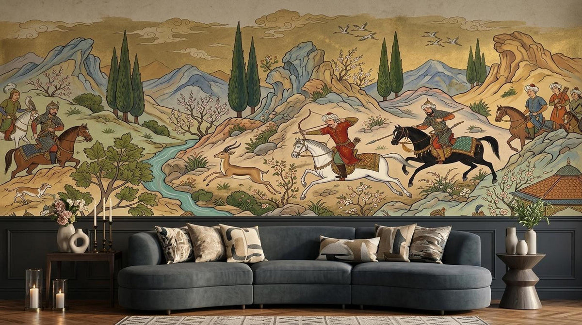A modern curved blue sofa is placed in front of an expansive Persian miniature wall mural featuring horse riders, trees, and a winding river.