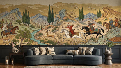 A modern curved blue sofa is placed in front of an expansive Persian miniature wall mural featuring horse riders, trees, and a winding river.