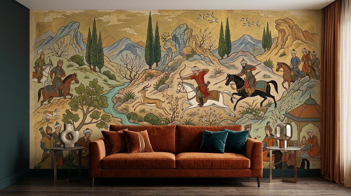 A living room features a rust-colored velvet sofa against a large Persian miniature wall mural depicting a vintage hunting scene with figures, horses, and mountains.