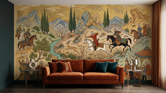 A living room features a rust-colored velvet sofa against a large Persian miniature wall mural depicting a vintage hunting scene with figures, horses, and mountains.