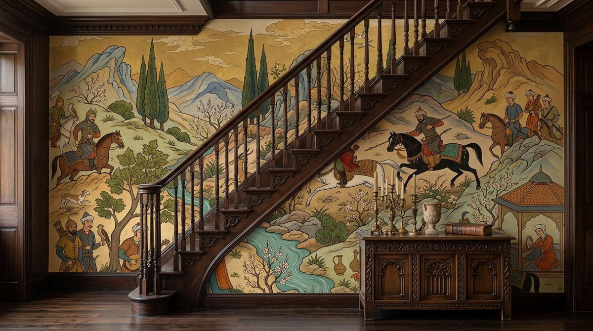 A detailed Persian miniature style wallpaper mural on a wall next to a dark wood staircase, depicting figures on horseback in a landscape with trees and mountains.