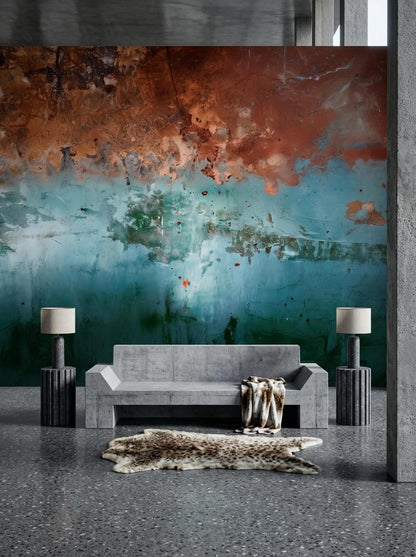 A modern lounge featuring a concrete sofa, two lamps, and a patterned rug against a rusted copper and blue wall mural.
