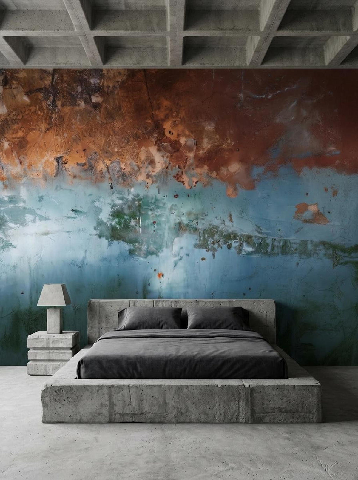 A minimalist bedroom with a concrete bed frame and side table against a distressed copper and teal wall mural.
