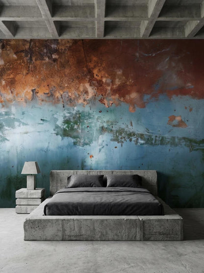 A minimalist bedroom with a concrete bed frame and side table against a distressed copper and teal wall mural.