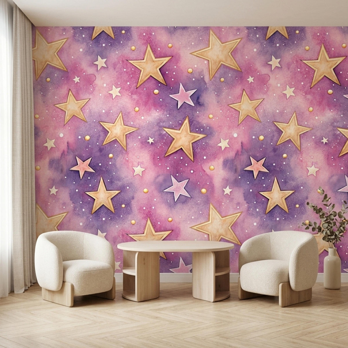 A room with watercolor purple and pink galaxy star wallpaper, two cream chairs, and a round table.