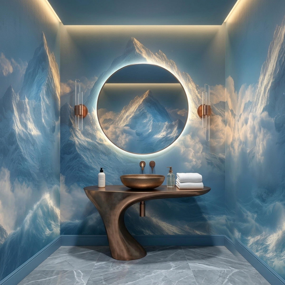 A modern bathroom with blue mountain wallpaper, a round illuminated mirror, and a sculptural bronze sink.
