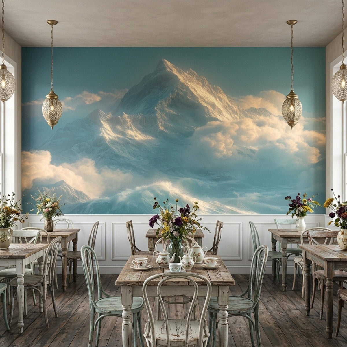 A dining room with multiple wooden tables and chairs set against a large mountain wall mural.