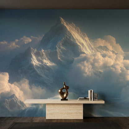 A long beige console table with books and a dark abstract sculpture sits against a mountain and cloud wall mural.