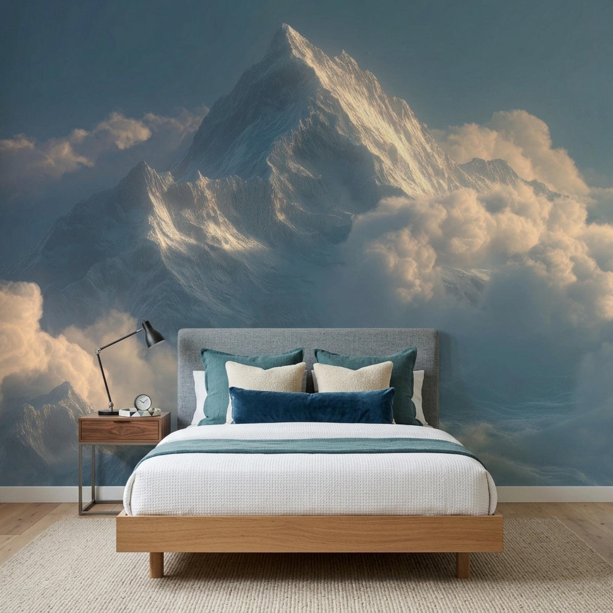 A bedroom features a wall mural depicting a towering, snow-capped mountain peak rising above clouds behind the bed.