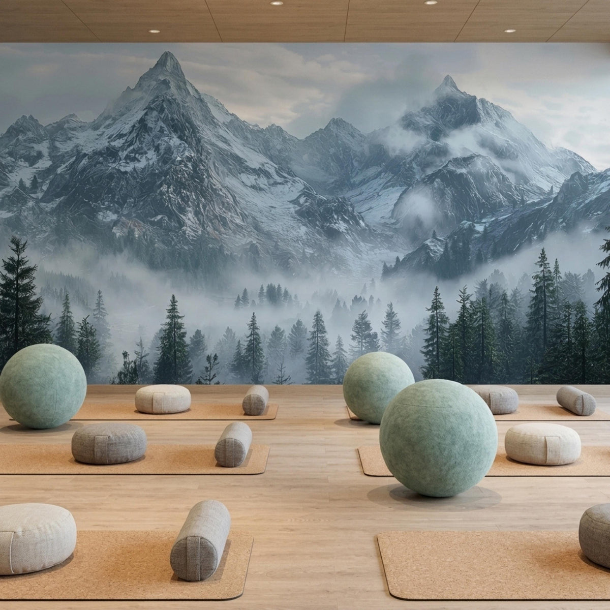 A yoga studio features light wood flooring, yoga mats, round cushions, and a foggy mountain forest mural wall.